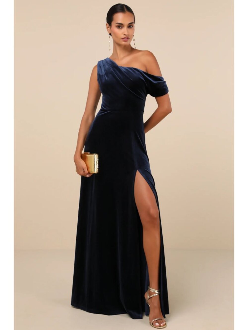 NWT LULUS Coveted Confidence One-Shoulder Velvet Gown Maxi Dress in Navy Size M
